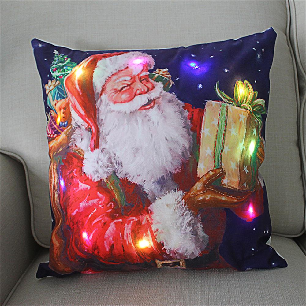 LED Light Christmas Cushion Cover Short Plush Elk Throw Pillow Case for Sofa Luminous Santa Clause Printed Pillowcase Home Decor