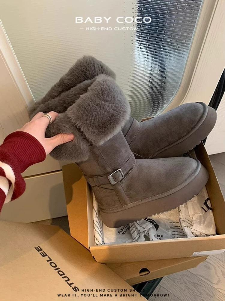 Cowhide Version Autumn and Winter New Two-wear Buckle Belt Thick-soled Fluffy Flanged Warm Cotton Shoes Medium Tube Snow Boots