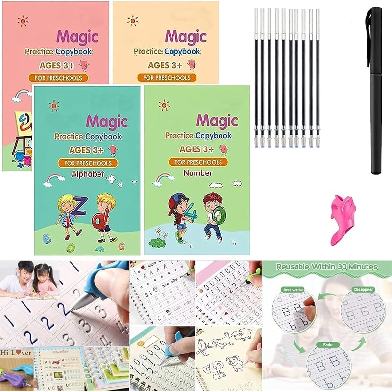 Eclet Magic Book for Kids, Sank Magic Practice Copybook, (4 Book+10 Refill+1 Pen+1 Grip) Number Tracing Book for Pre-Sch