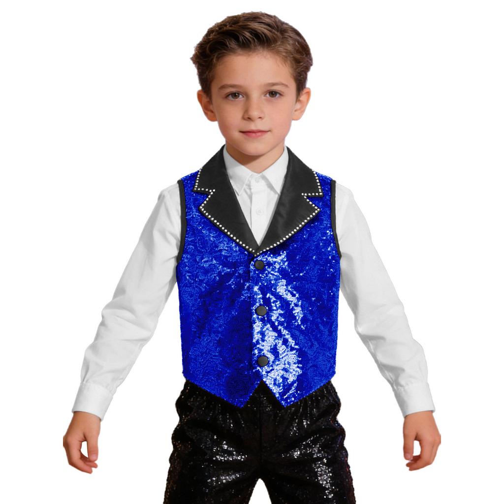 Boys Girls Sparkly Sequin Vest Contrast Lapel Collar Sleeveless Asymmetrical Waistcoat for Stage Performance Costume Tops