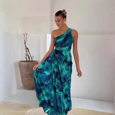 Robe plissée imprimée sexy à épaules dénudées et sans manches pour femme