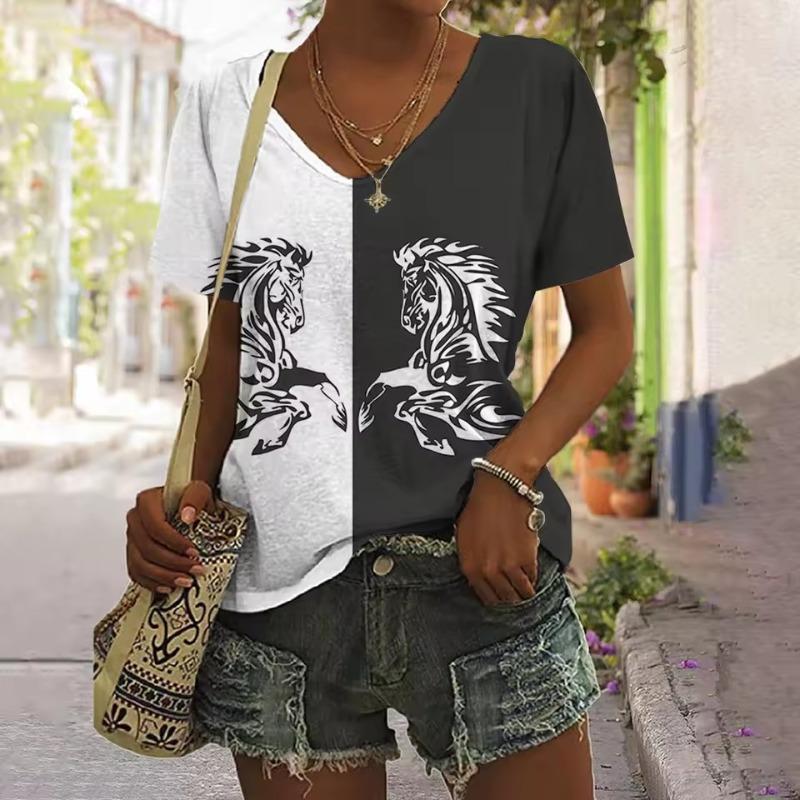 T-Shirt for Women Summer Clothes 3d Horse Print Tees Female Harajuku Sweatshirt Blouse V-Neck Oversized Short Sleeve Cheap Tops