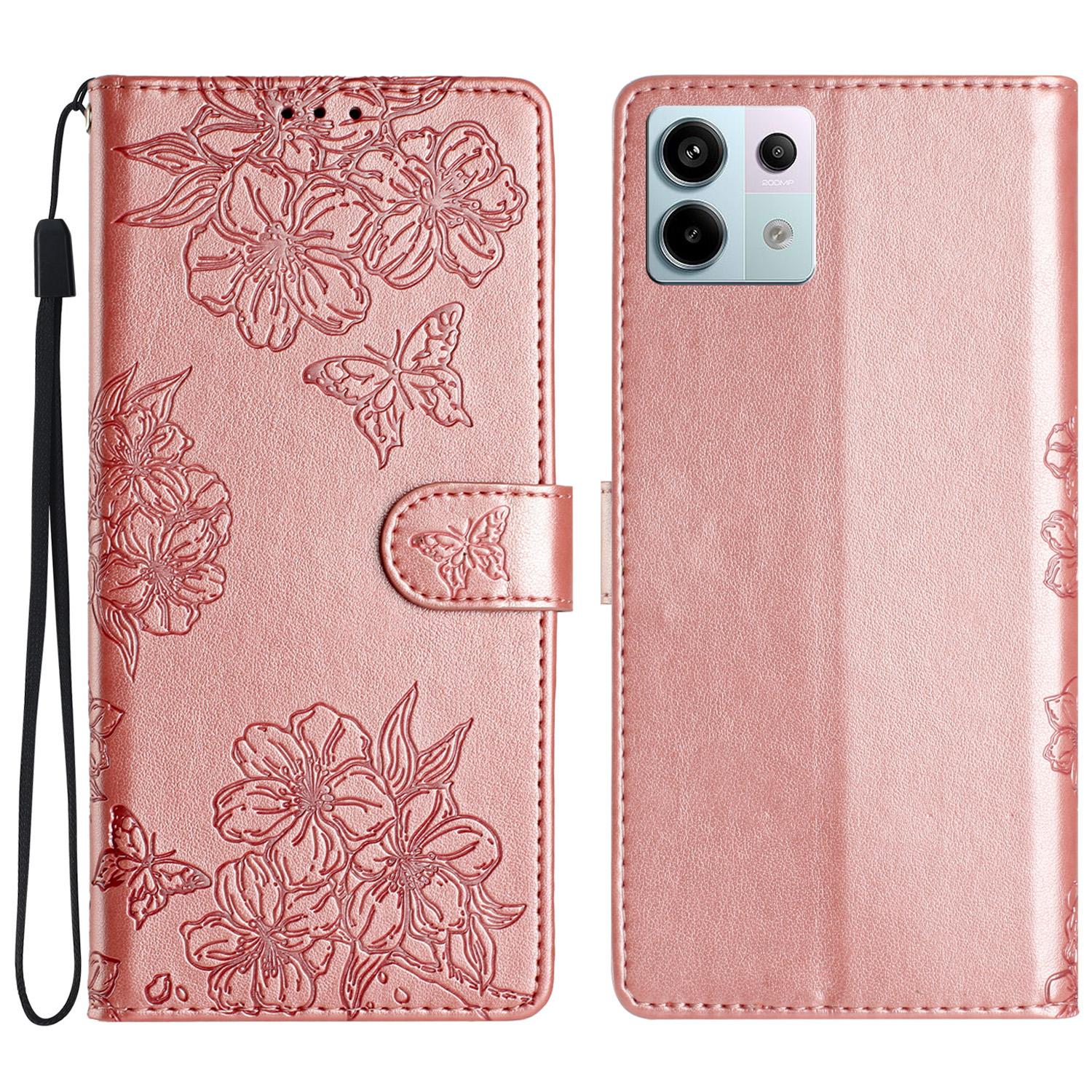 

For Xiaomi Redmi Note 13 Pro 5G/Poco X6 5G Case Butterfly Flower PU Leather Wallet Flip Phone Cover Rose Gold