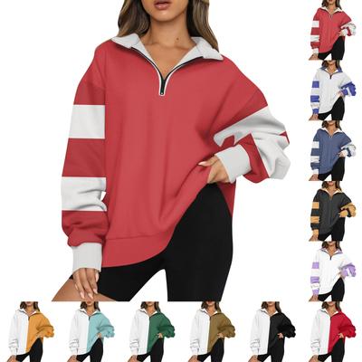 Moda feminina lapela listrado impresso manga comprida zíper moletom top