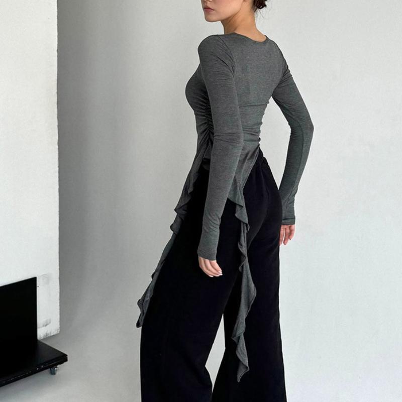 European and American Autumn Fashion Splicing Design Irregular Lotus Leaf Lace Ribbon Top