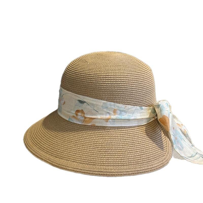 Summer French idyllic bow straw hat women's vacation sunshade sun protection hat seaside outing wide brim fisherman hat