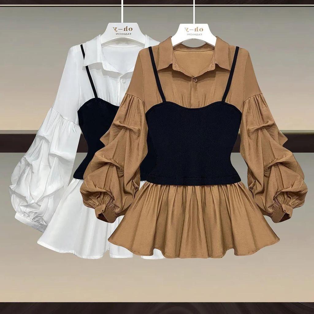 Plus Size Slimming Spliced Two-Piece Look Shirt for Women - Spring & Autumn