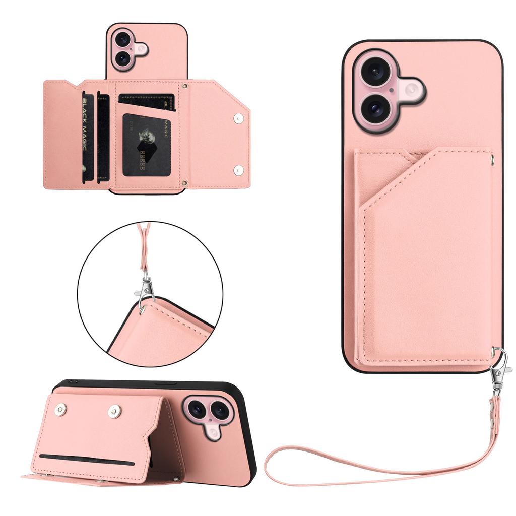 For iPhone 16 Case Card Holder Kickstand Skin-Touch Phone Cover with Wrist Strap