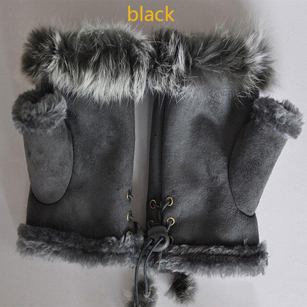 Gift Lady New Genuine Color Soft Trim Wrist Warm Rabbit Fur Women Gloves Fingerless