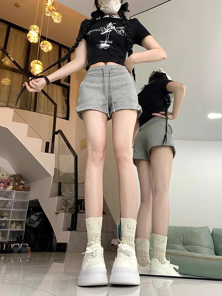 2025 Women's Summer High Waist Slimming Loose Straight-Leg Drawstring Shorts - Black Casual Versatile Sportswear