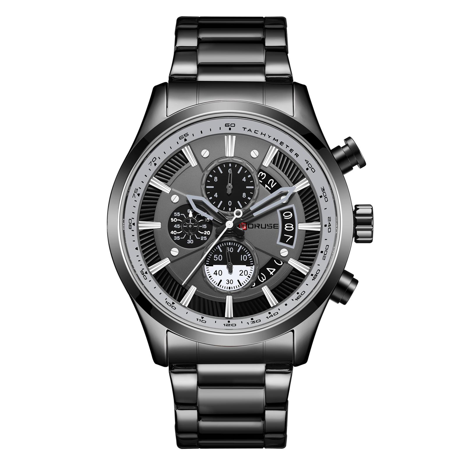 BORUSE Классические деловые часы Мужские часы из нержавеющей стали Часы-хронограф Простые мужские часы Светящийся календарь Аналоговые кварцевые часы чёрный