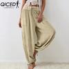 QICED 8 Color Women High Elastic Waist Trousers Wide Leg Loose Pants Deep Vest Pleated Ankle Pockets Solid Color Soft Ladies Casual Pants