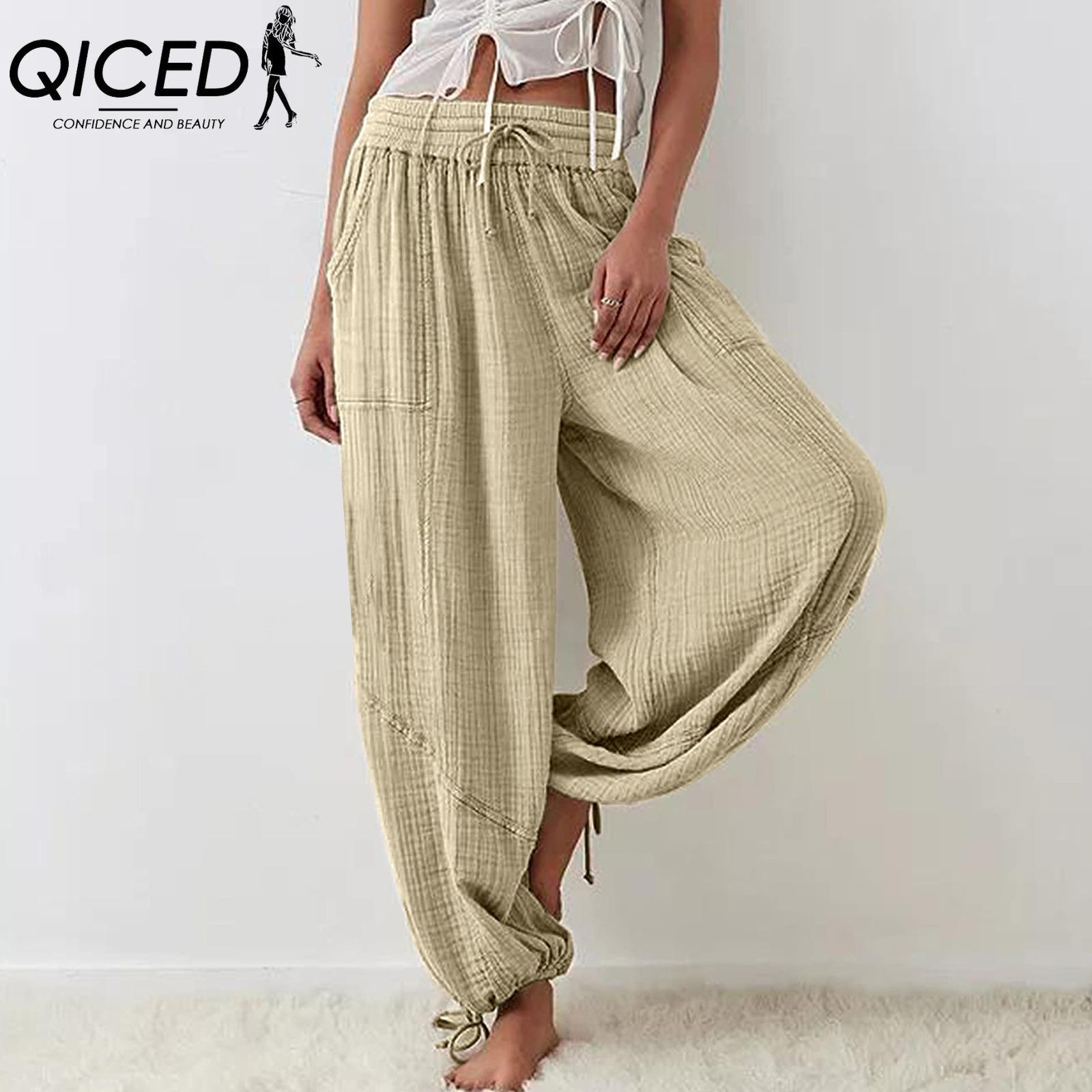 

QICED 8 Color Women High Elastic Waist Trousers Wide Leg Loose Pants Deep Vest Pleated Ankle Pockets Solid Color Soft Ladies Casual Pants L хаки