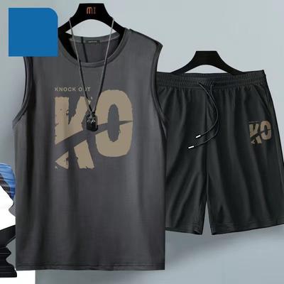 Sommer Herrenbekleidung Atmungsaktives Eisseiden-Unterhemd Herren Shorts Set Sportbekleidung Basketballanzug Lässiges Kurzarm-T-Shirt Shorts Anzug