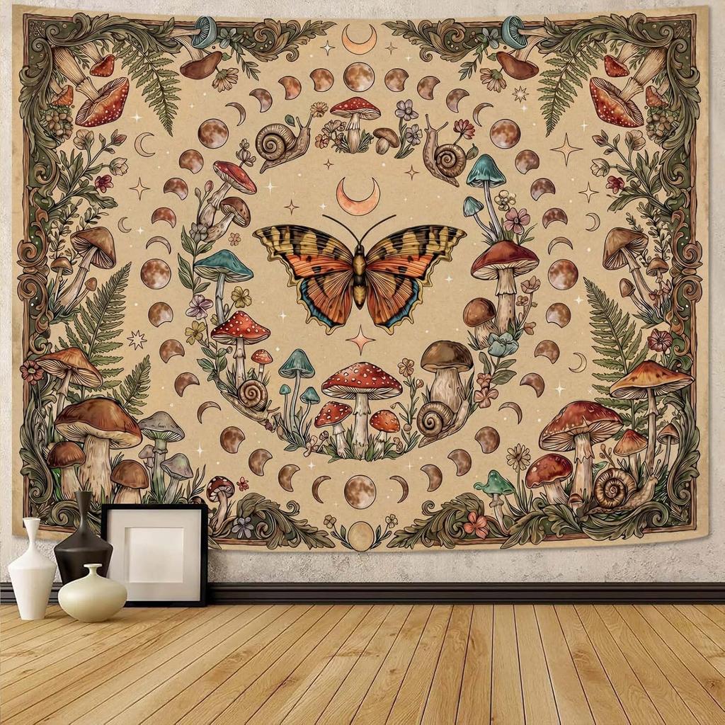 Cottagecore Celestial Butterfly Tapestry, Retro Mushroom & Moon Print with Snails, Bohemian Wall Art for Nature & Witchy Homes