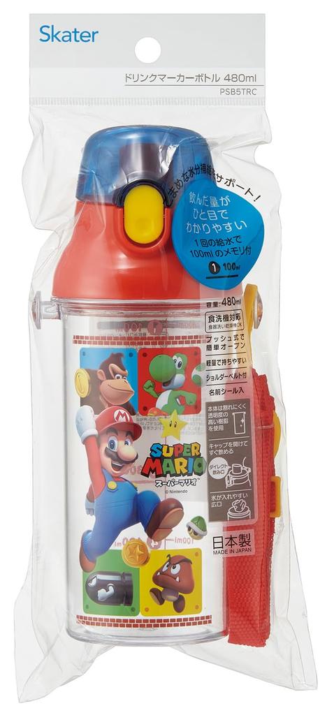 Skater Kids' Clear Plastic Water Bottle, 480ml, with Graduations for Hydration Management, Super Mario 23, Boys', PSB5TRC-A