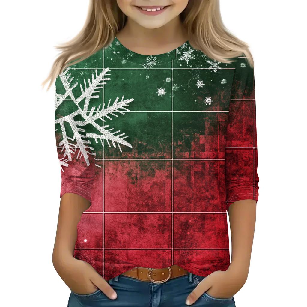 חולצות מודפסות ליום חג המולד לבנות צעירות בגילאי 5-16 צווארון עגול שרוולי 3/4 חולצות טי טופים אופנתיים חולצות להרכבת אאוטפיט