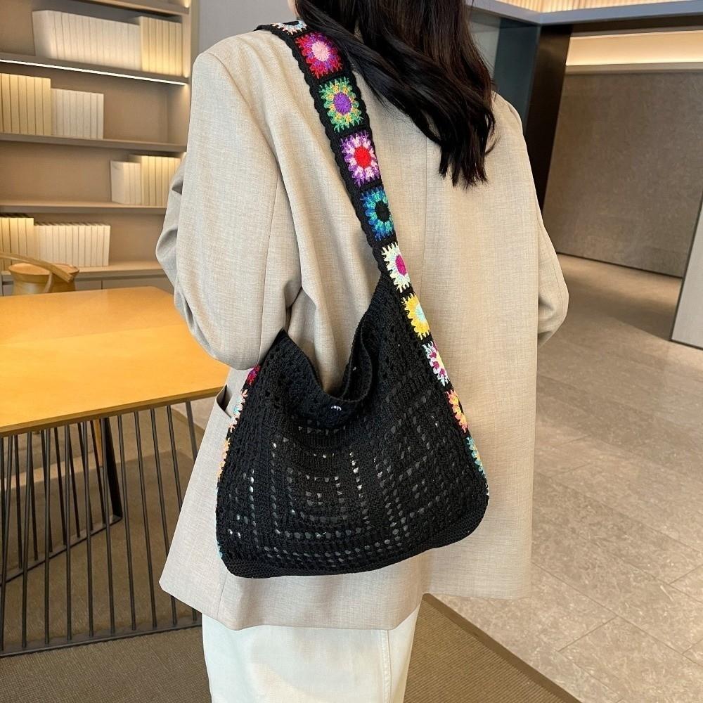 Soft Solid Color Knitted Shoulder Bag Bohemian Hollow Crochet Tote Bag Large Capacity Woven Shopping Handbag Girls