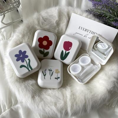 White Flower Pattern Contact Lens Case Female Small Simple Portable Color Contact Lenses Container Box Storage Box