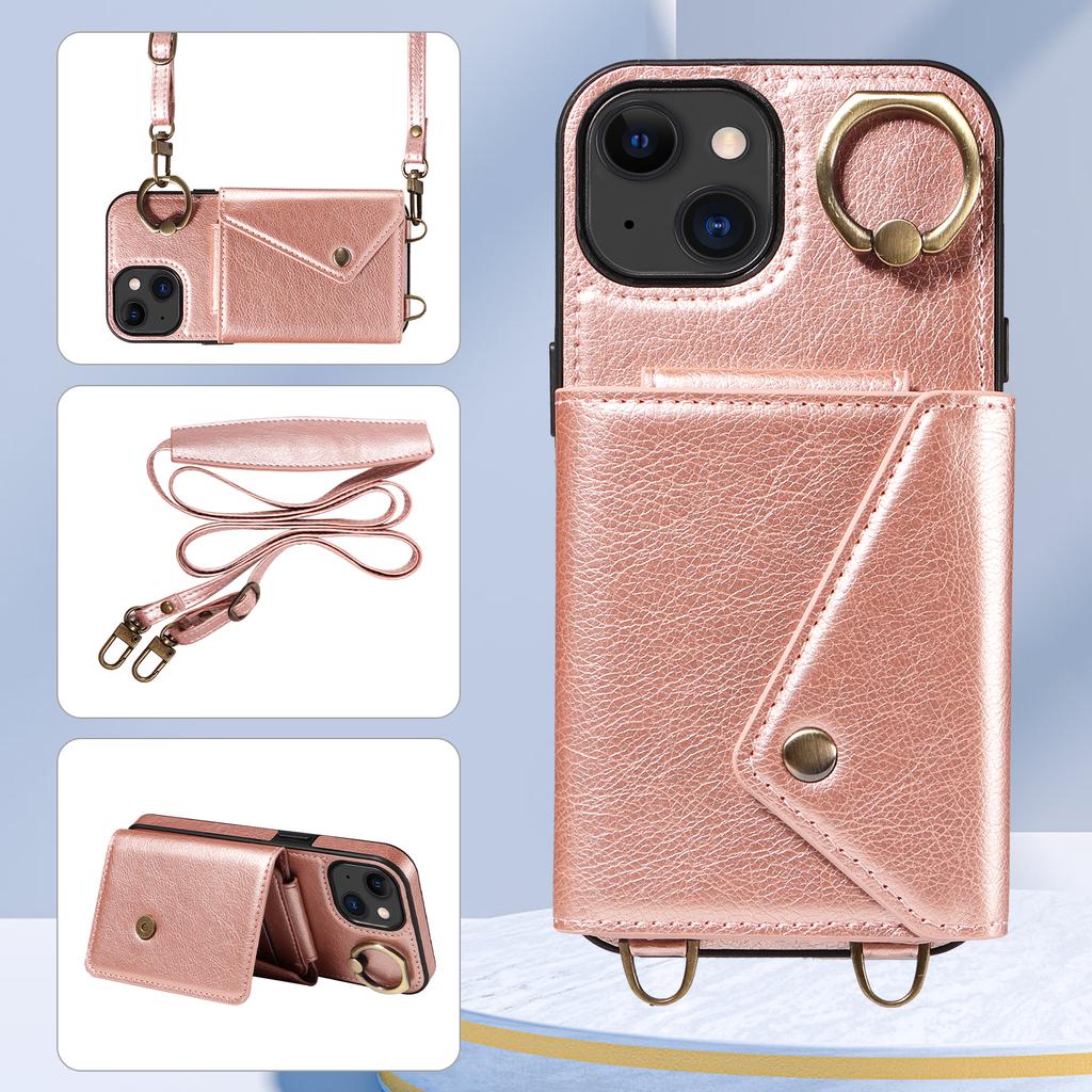 For iPhone 15 Series.for iPhone 15,15 Plus,15 Pro,15 Pro Max Shoulder Strap Rope Ring Bracket Design Card Holder Slots Lichee Pattern Cover Phone Case