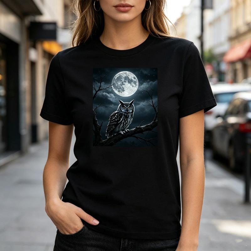 Trendy Night Owl Moon Print Tshirt Unisex Summer Short Sleeve Top Unisex Graphic with Night Owl and Full Moon Design Casual Tee