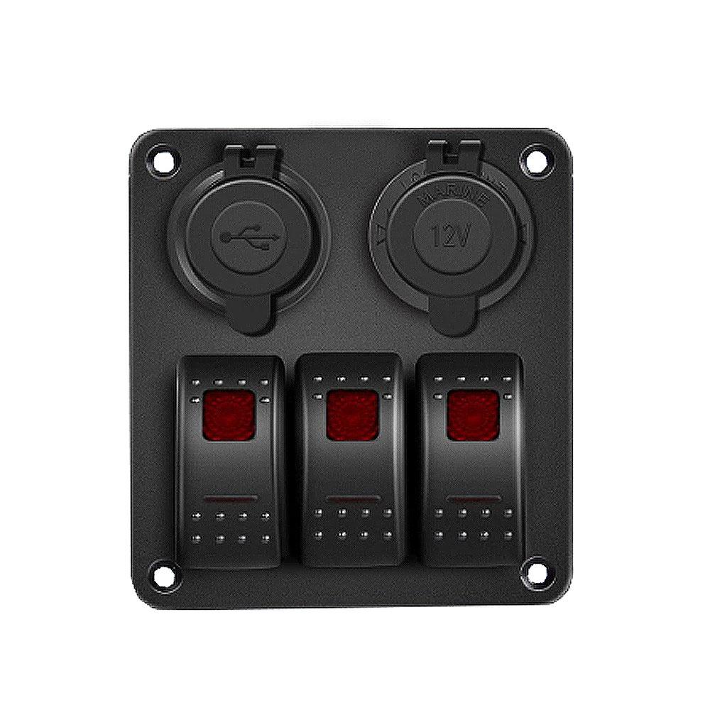 3 Gang 12V/24V LED Rocker Switch Panel Dual USB Port Cigarette Lighter Socket ON Off Switch Panel for Cars Rvs Boats Yachts