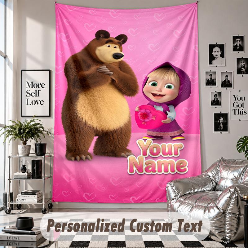 Wall Hanging Tapestry With Custom Name & Text, Masha and the Bear Decorative Tapestry For Bedroom