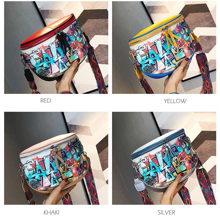 Fashion Hiphop Cartoon Street Style Graffiti PU Leather Messenger Bag Female Travel Women Shoulder Bags Crossbody Bag Ladies Handbag