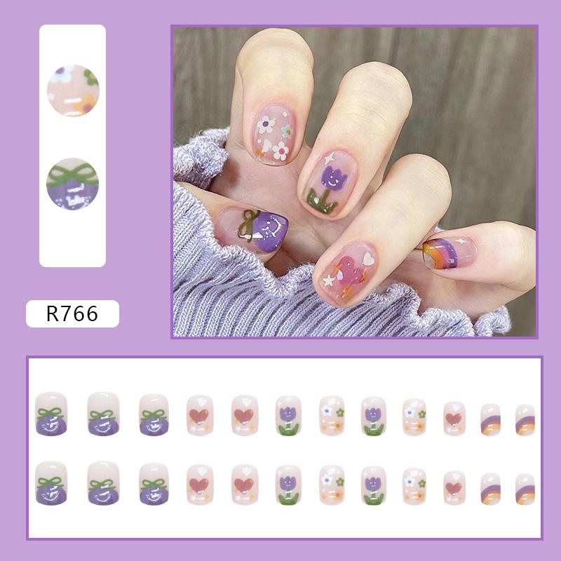 

Spring and summer new products cute childlike heart flower manicure rainbow love fake nail finished product wearing nail piece