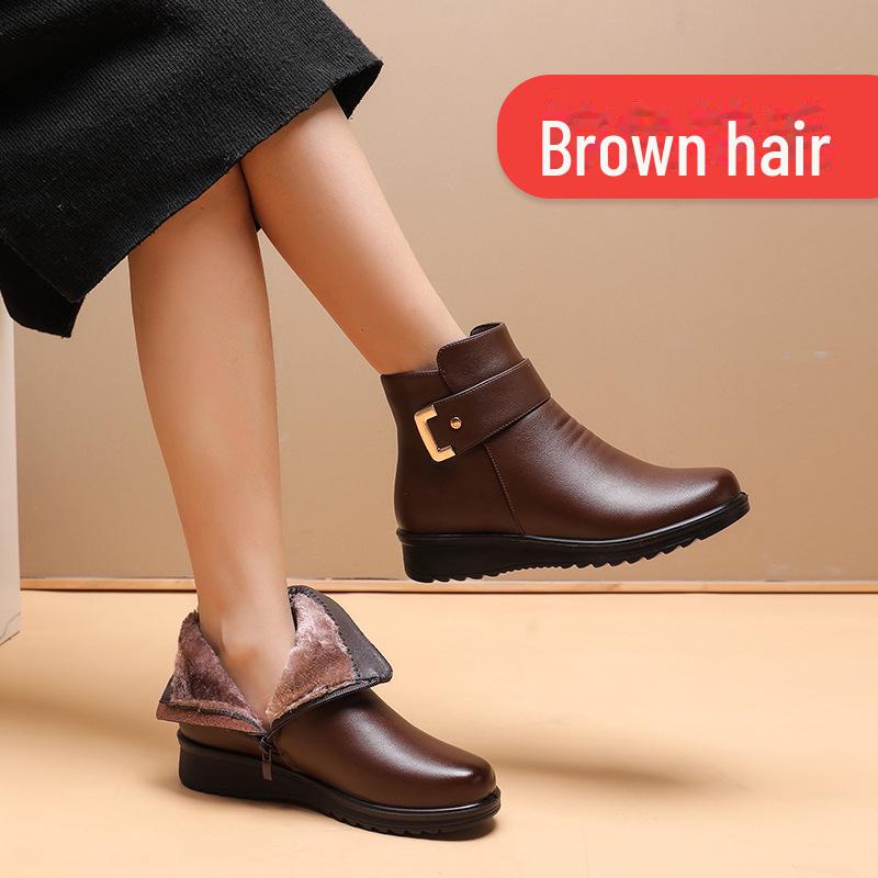 Women's Winter Cotton and Velvet Non-Slip Boots - Warm, Short Leather Footwear for Middle-Aged and Elderly