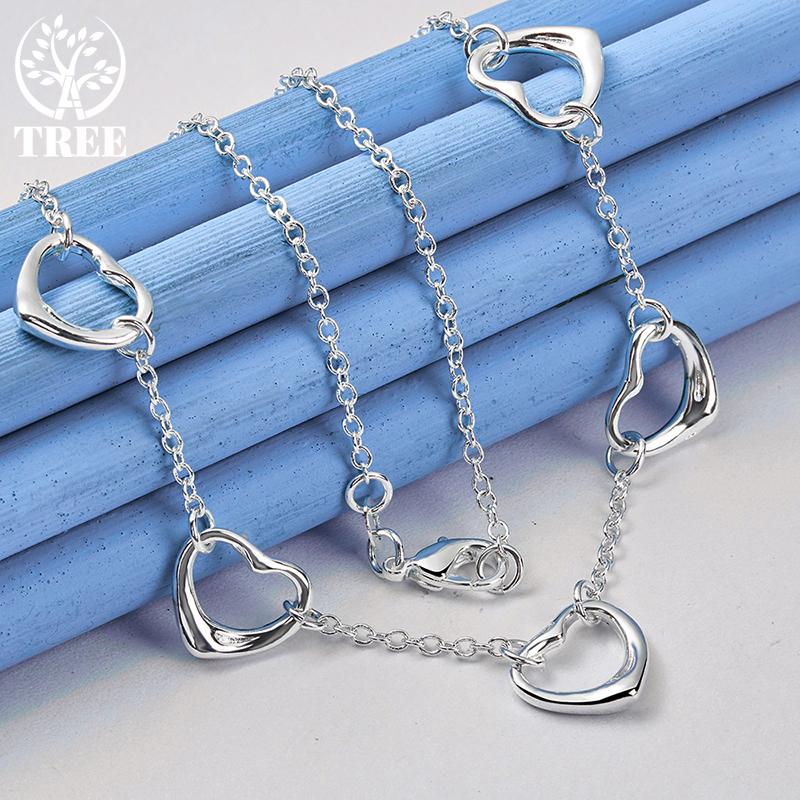 925 Sterling Silver Five Heart Chain Necklace Jewelry