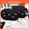 Girl Butterfly Bow Embroidered Canvas Pencil Case With Storage Compartments For Students
