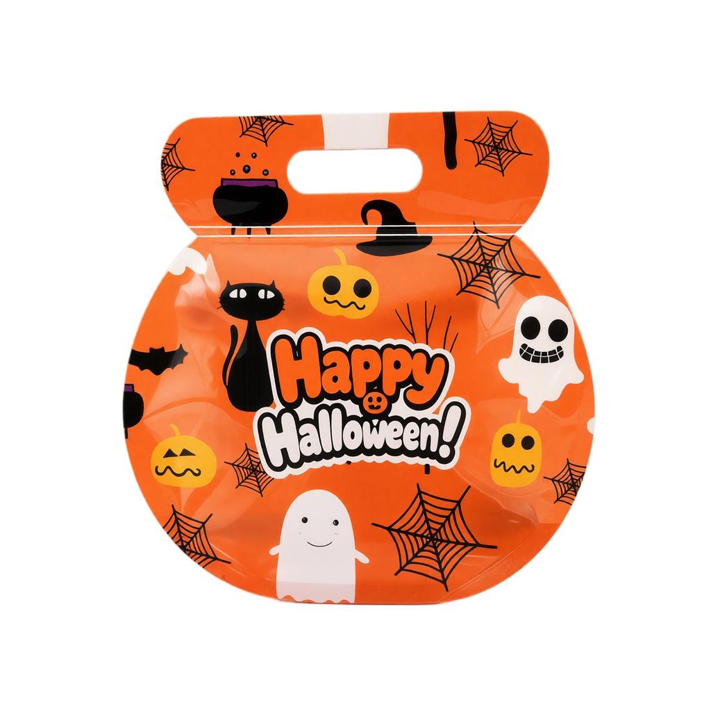 Halloween Pumpkin Candy Bags with Handles for Kids, Party -or- Decorative Gift Bags, Food-Grade Self-Sealing, 10 Pack