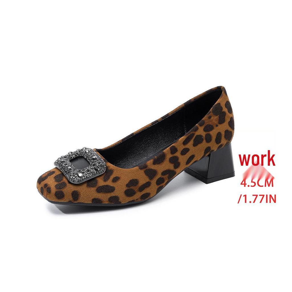 Leopard Print Rhinestone High Heels - Square Toe, Chunky Heel, Plus Size 43, European & American Style
