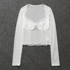 Moda Dantela Trim Mesh Crop Tops Anii 90 Estetică Mozaic Gât pătrat Mânecă lungă Alb Sexy Tricouri de vară