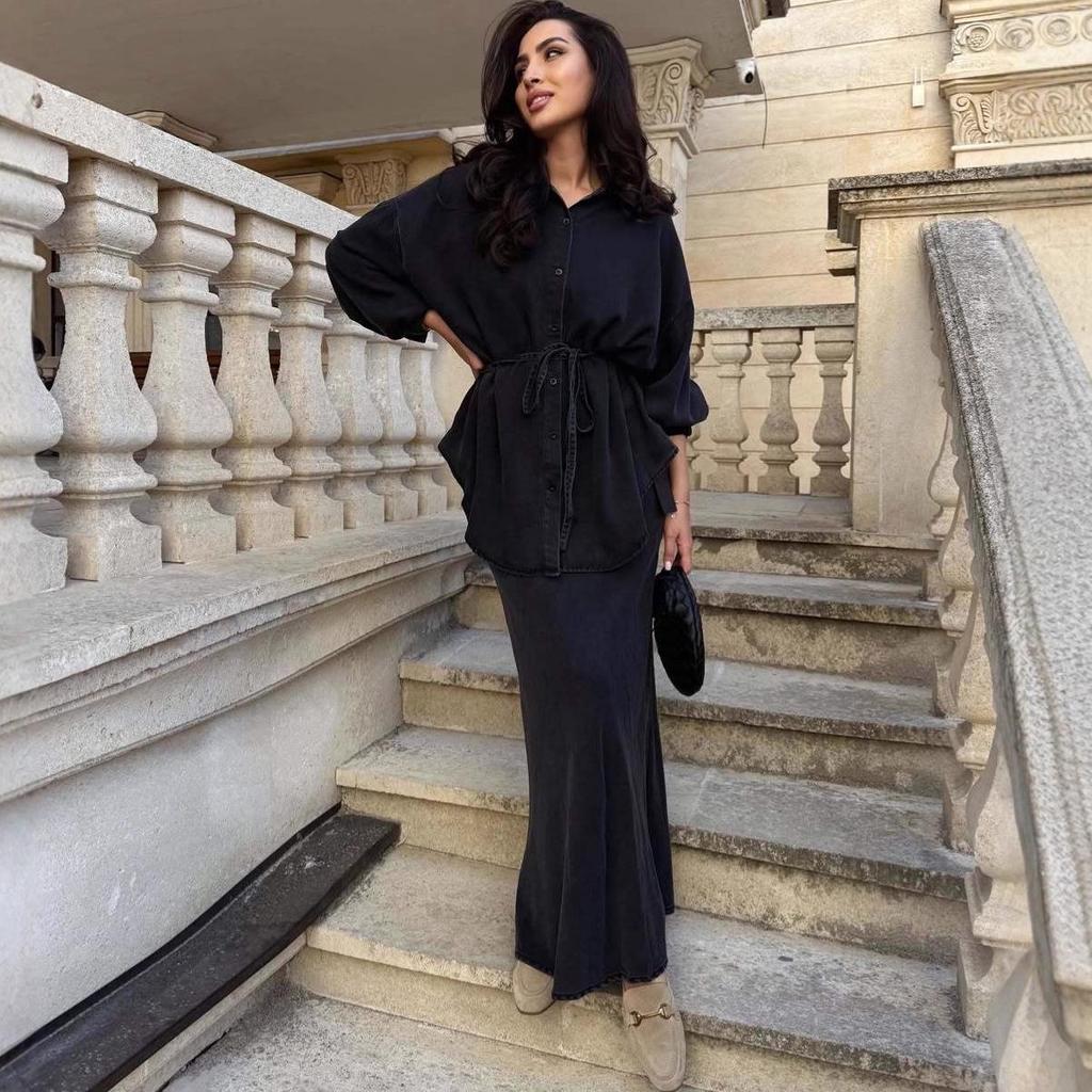 2025 Autumn-Winter Fashion: European-American Loose Coat, Shirt, Tie, Denim Skirt Set for Women