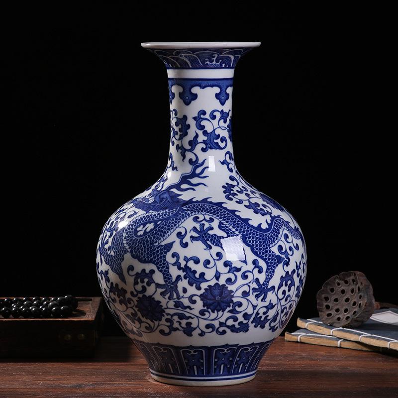 33cm/Jingdezhen Ceramic Vase Chinese Blue and White Porcelain Antique Living Room Home Flower Arrangement Vase Home Decoration O
