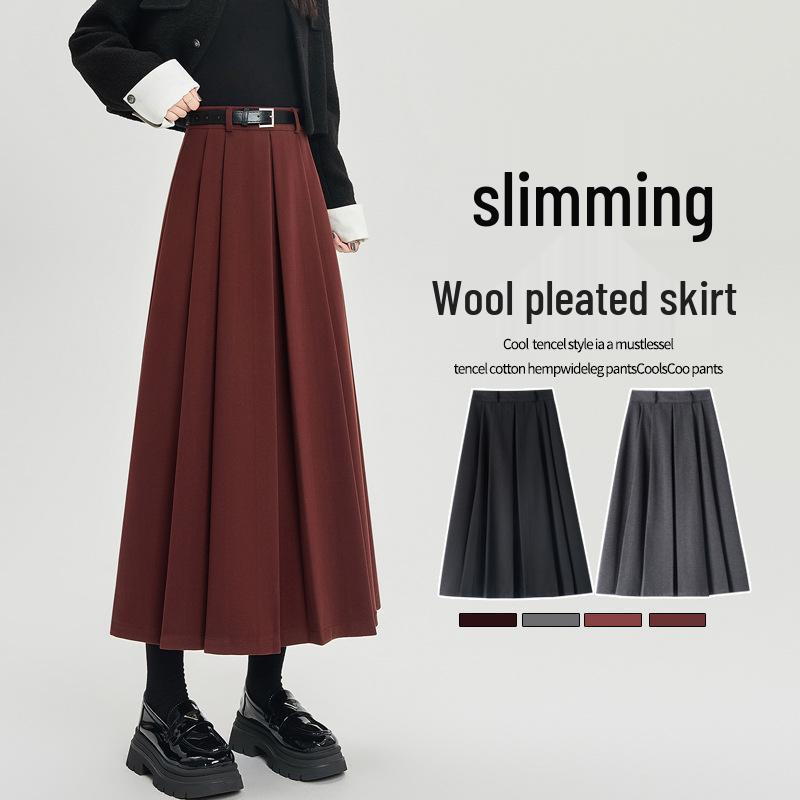 Women's 2024 High-Waisted Wool Pleated Midi Skirt – Autumn/Winter Slimming A-Line