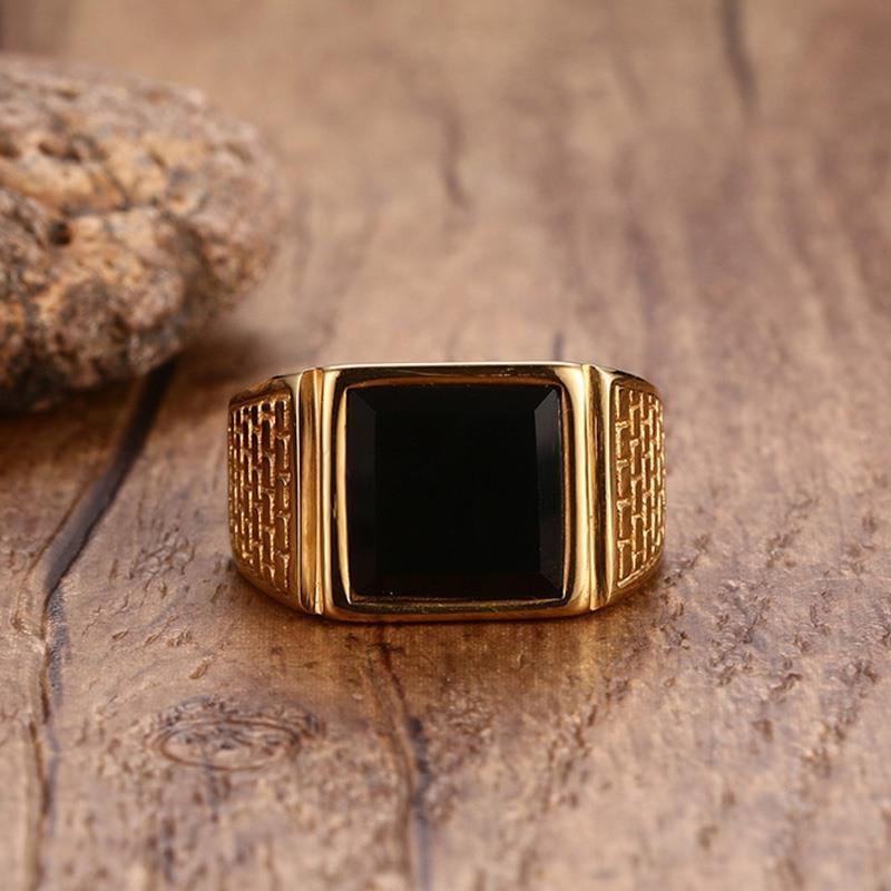Black Stone Mens Signet Ring, Stylish Gold Color Stainless Steel Statement Ring, Husband Dad Christmas Gifts for Him