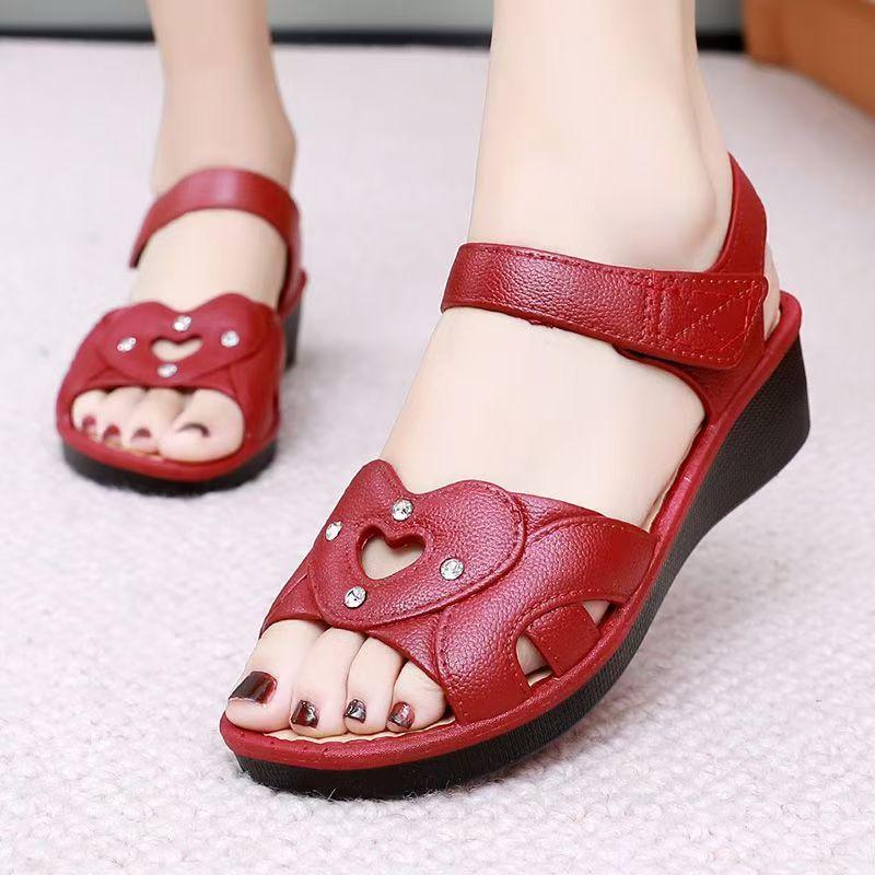 Damen Sandalen mit flachem Absatz für mittleres und älteres Alter Sommer Neu Weiche Sohle Rutschfest Leicht Wasserdicht Klettverschluss Offene Zehenpartie Sandalen