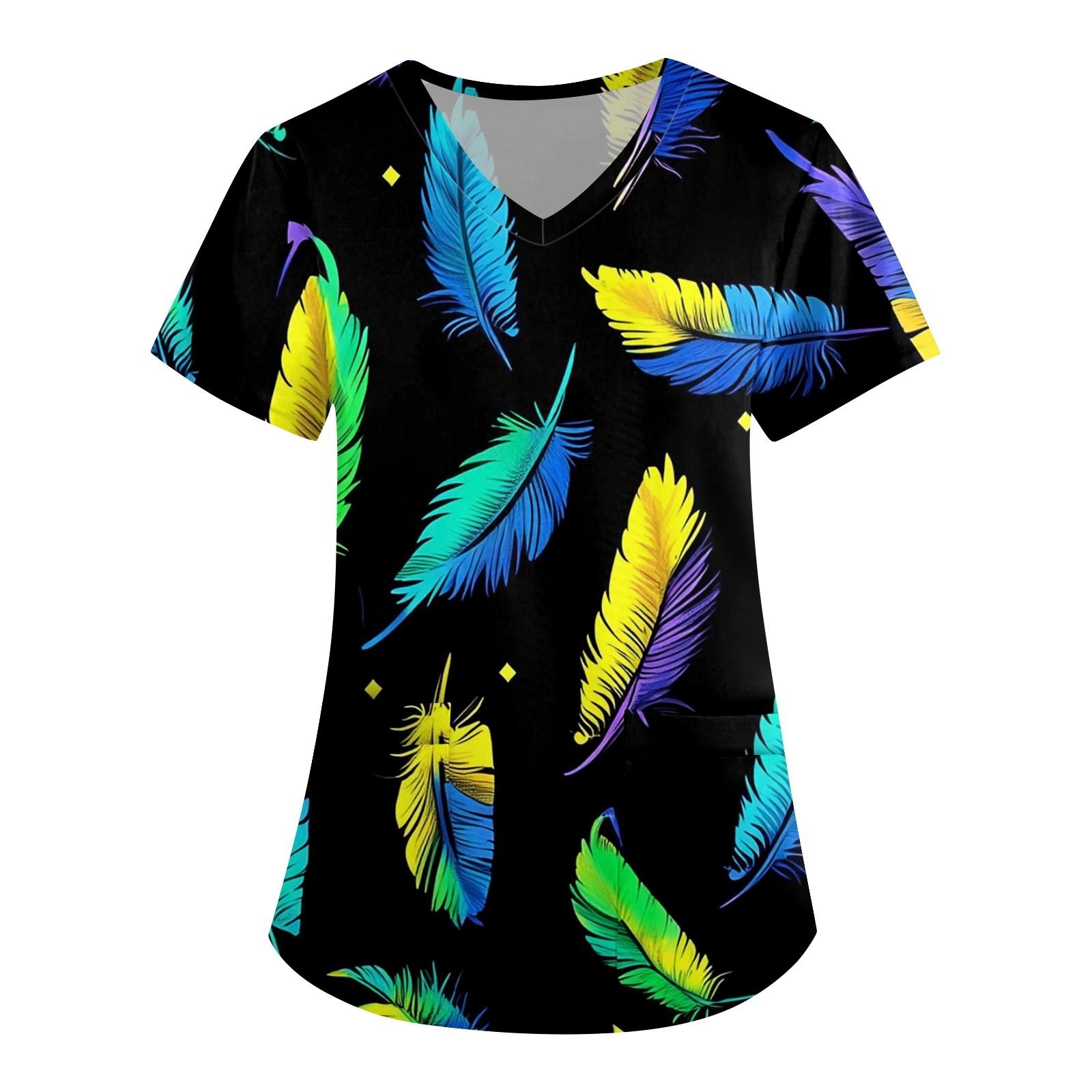 

Женская симпатичная принтованная рабочая одежда с V-образным вырезом, двухслойными карманами, базовым коротким рукавом, пуловером XL