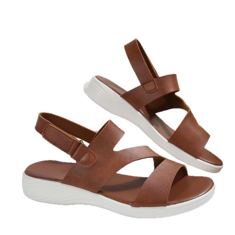 Summer Solid Color Round Head One-word Velcro Fashion Women's Large Size Wedge Sandals