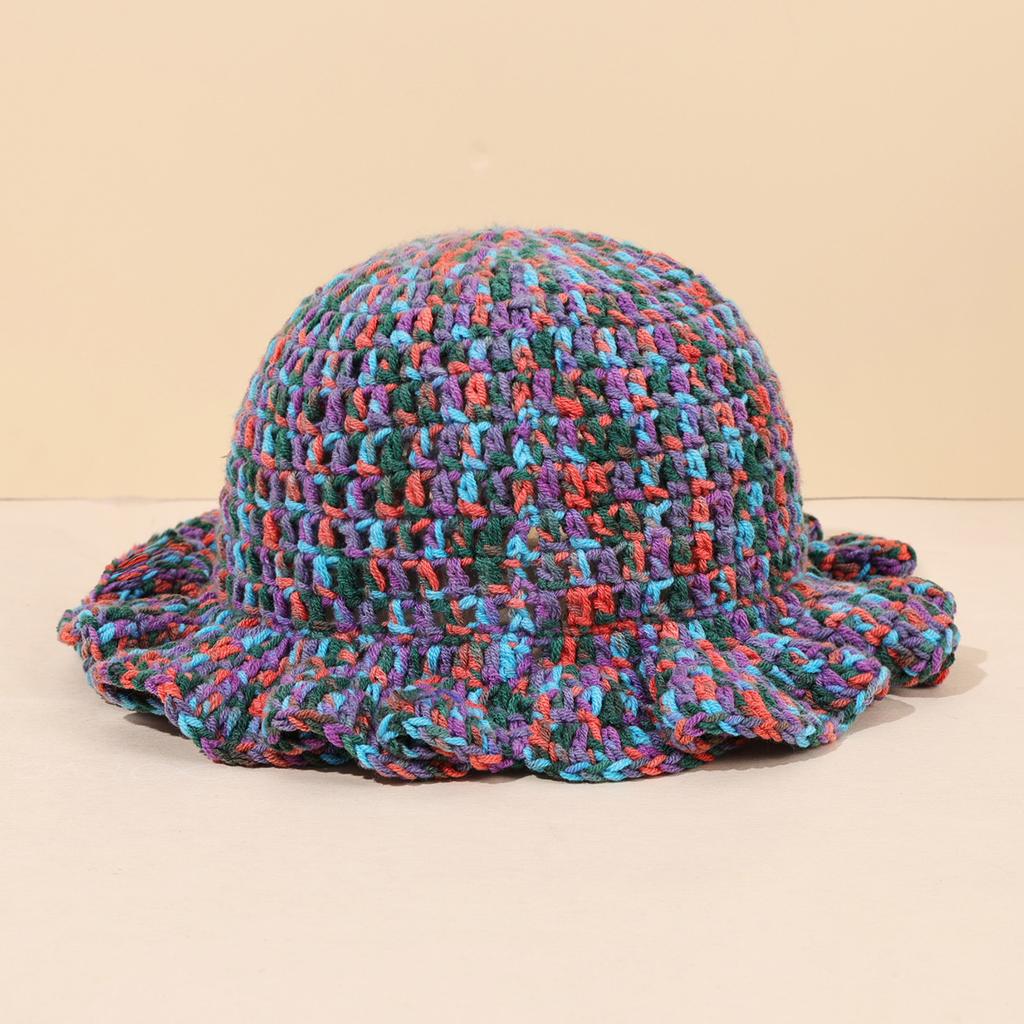 Autumn/winter Warm Handmade Knitted Mixed Color Lotus Leaf Edge Knitted Basin Hat Woolen Fisherman Hat