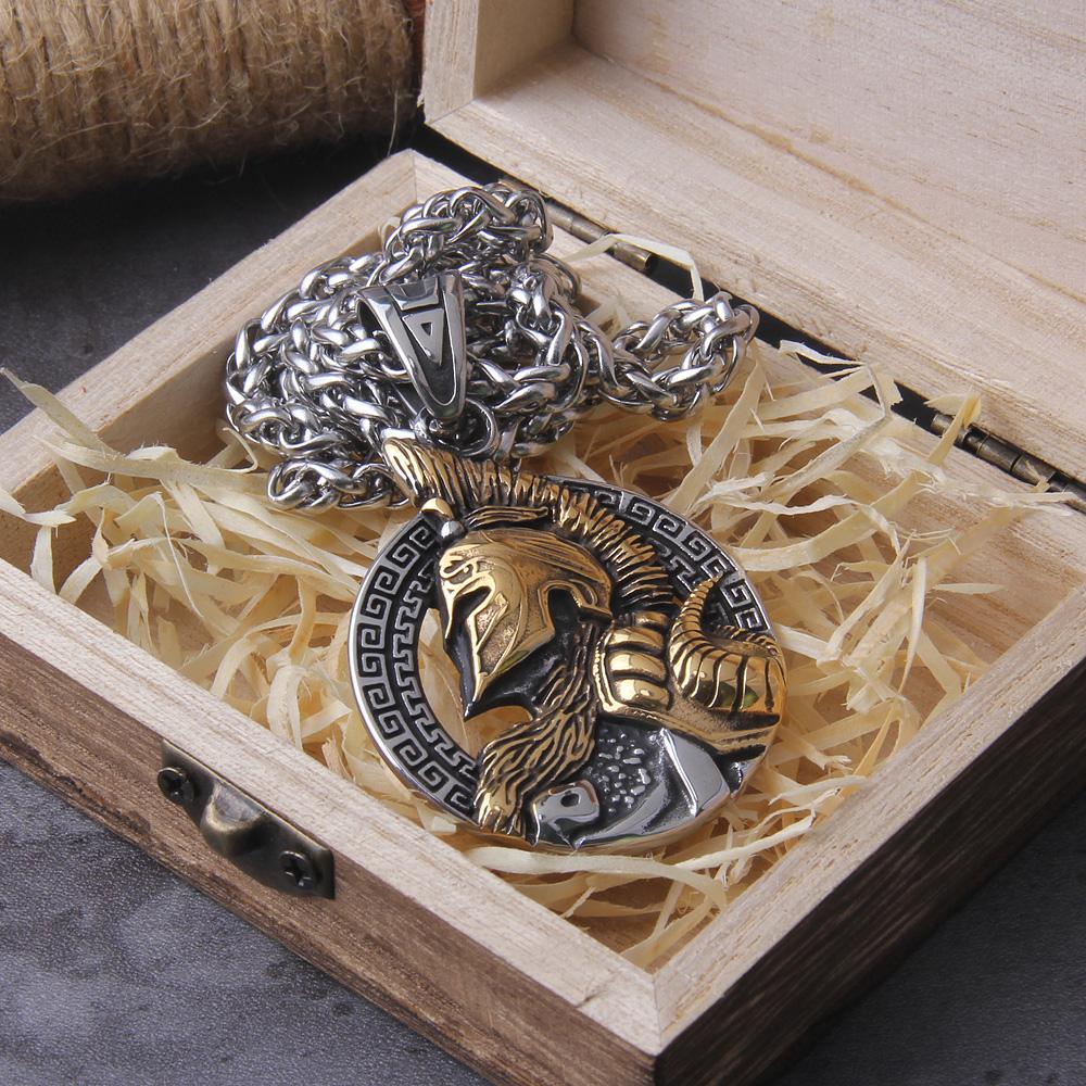 Sparta Helmet Pendant Necklace Never Fade Mens Gift with Wooden Box Durable Stylish Jewelry