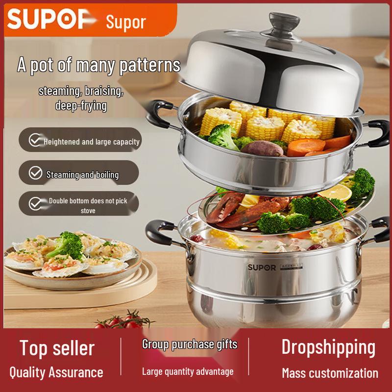 Supor Multi-Layer 304 Stainless Steel Steamer Pot with Basket & Universal Soup Pot