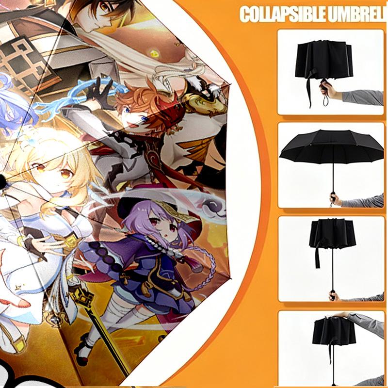 Custom Name Personalized Genshin Impact Print Umbrella, Auto Open Close, 8‑Rib Sturdy Frame, Commute Camping Hiking Use, Birthday Gift