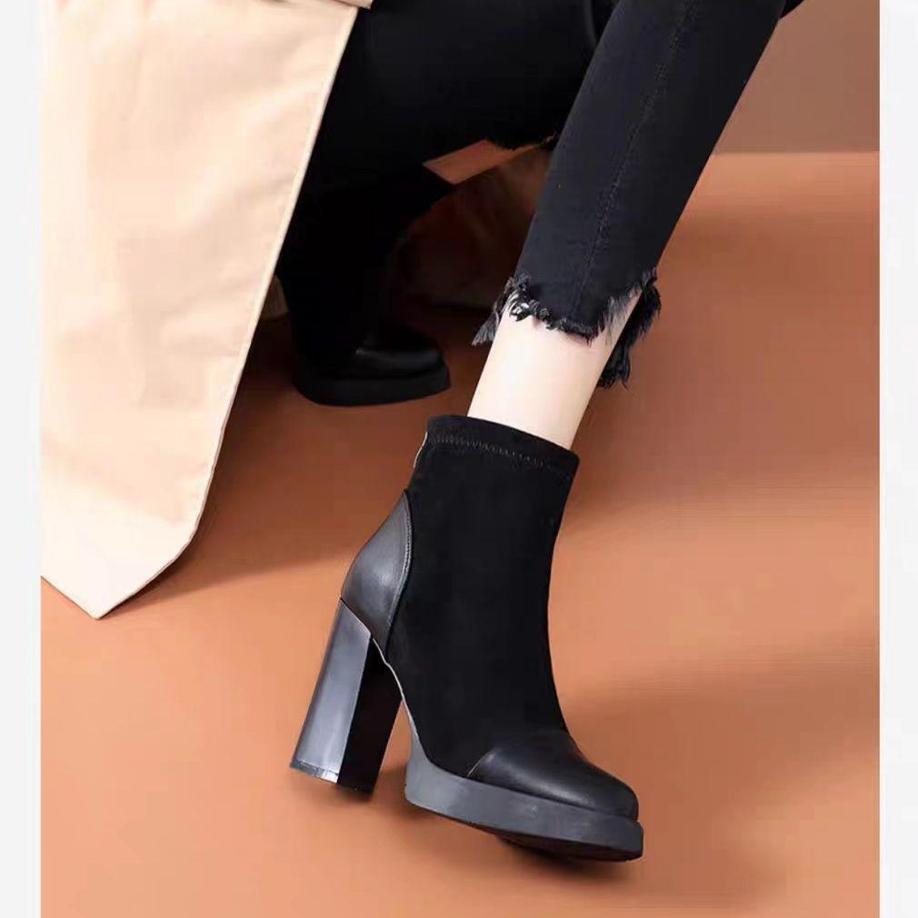 Women's High-Heel Platform Stretch Boots: Autumn/Winter Fashion, Ankle-Length, Thick Sole, Spliced Design.