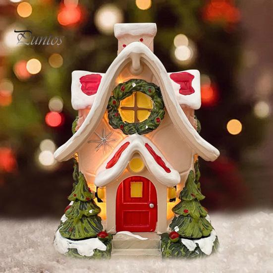 Red Door Holiday Decoration Mini Christmas House Figurine Small Resin Snowy Village Statue with Snow-covered Roof Decor Wreath And Pine Trees