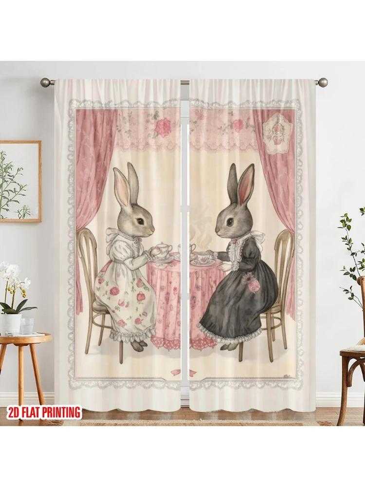 

Elegant Plane Printing Window Curtain Tea Bunnies Polyester Without Rod Holiday Use Bedroom Living Room For Area Made Of W100*H70(CM)-Hooks&1PCS