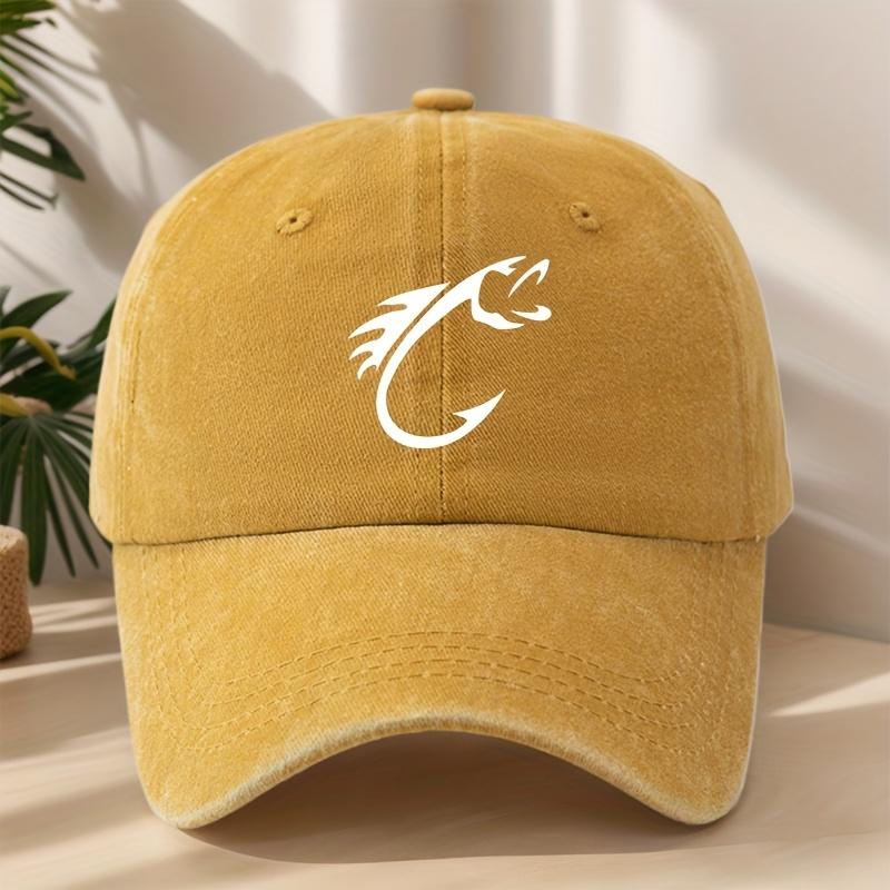 Fishhook Creative Design Pattern Printed Baseball Cap Fishing Hat Washed Retro Peaked Cap Sweat-absorbent and Breathable Hat